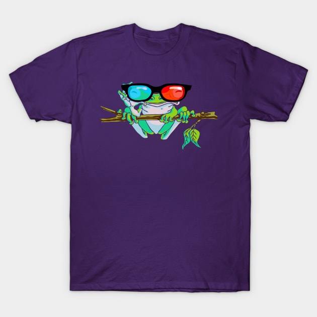 Graphic Tree Frog Wearing 3D Glasses T-Shirt by Mudge